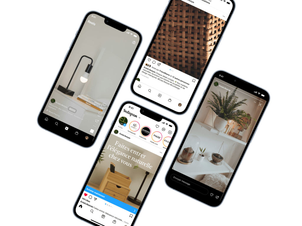 Portfolio : mock-up de 4 smartphones dans lequel on aperçoit la campagnes publicitaires sur Instagram